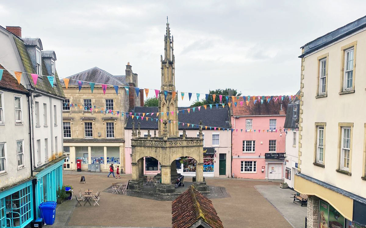 A bright and colourful town center
